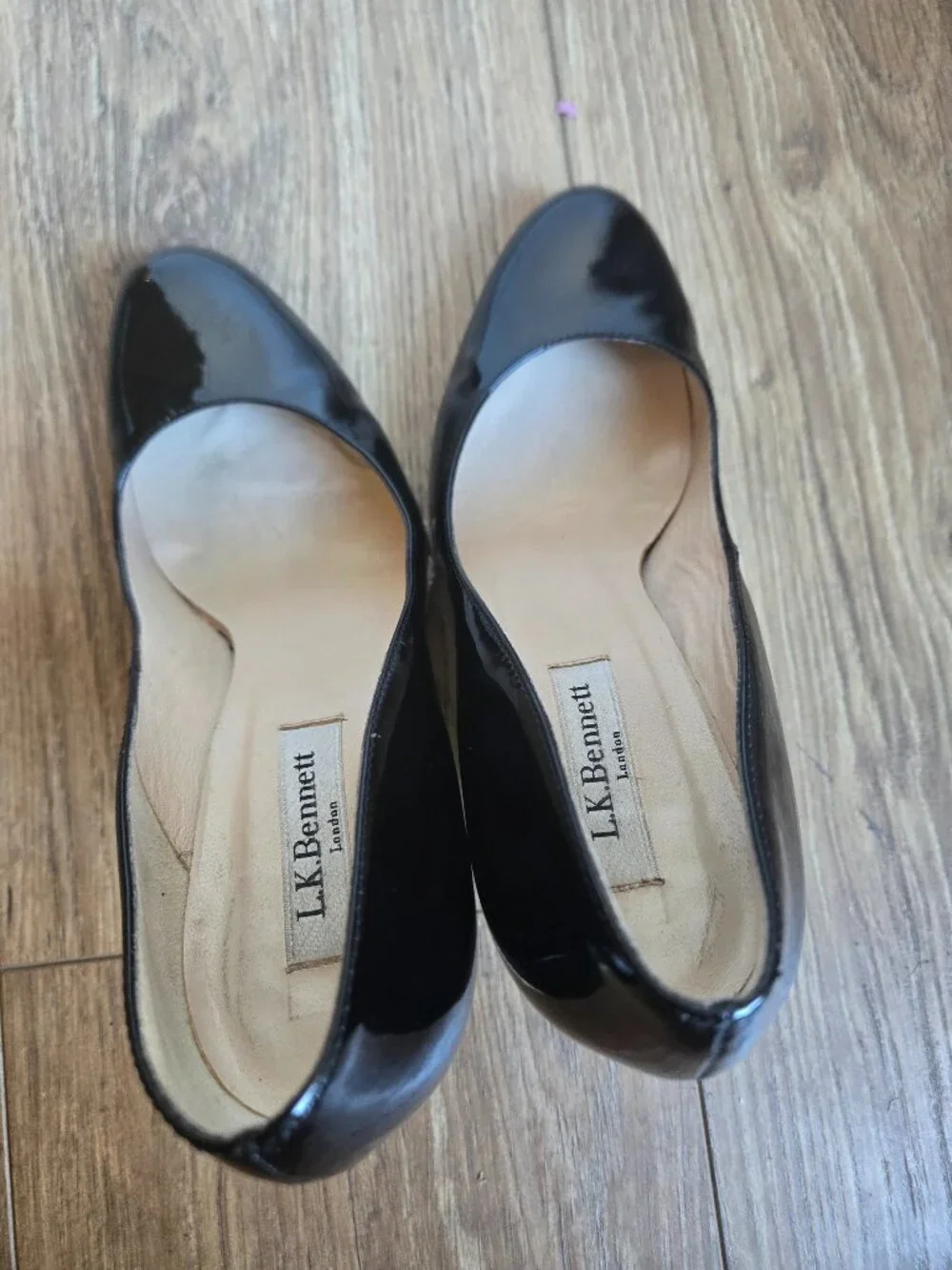 L.K. Bennett Maddox black patent leather espadrille wedge heels